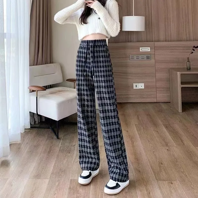 

New Warm Wide-Leg Sweatpants Winter Black Plaid Thick Velvet Lined Straight Pant Casual Thicken Velveteen Women Pantalones