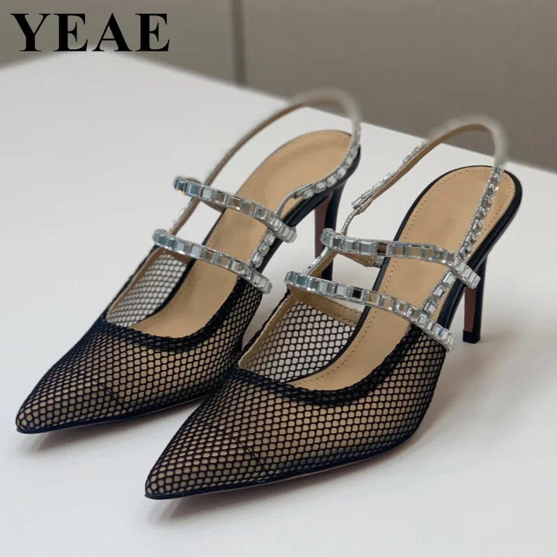 

Новые Сексуальные женские сетчатые туфли-лодочки, босоножки с ремешком на пятке, женские босоножки с острым носком на высоком каблуке-шпильке, открытые строгие туфли, модель 2024 года