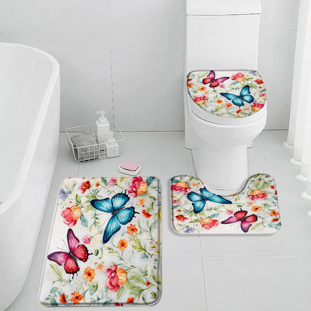 

Butterfly 3pcs Bathroom Mat Set Purple Blue Butterflies Flowers Floral Shower Curtain Non-slip Bath Mat Plants Toilet Lid Cover