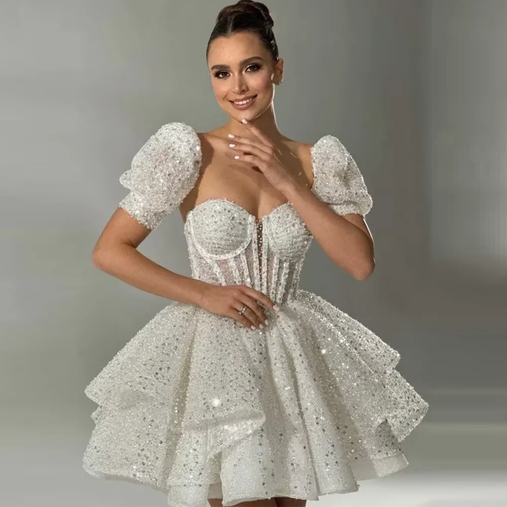 

Sweetheart A-Line Short Homecoming Dress With Sleeves Sparkly Sequined Formal Mini Prom Gowns For Wedding Party Evening Gala