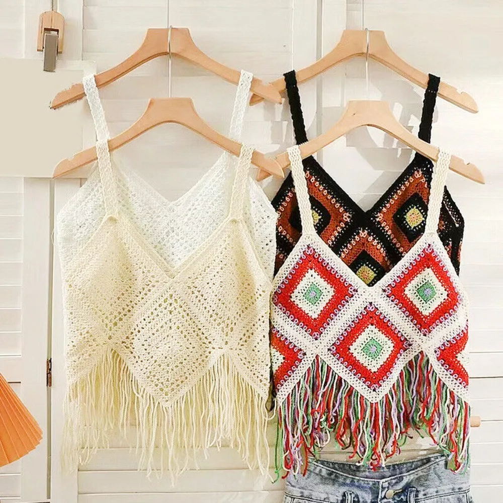 

Knitted Crochet Camisole New Cotton Boho Crochet Tops Tassel Tank Summer