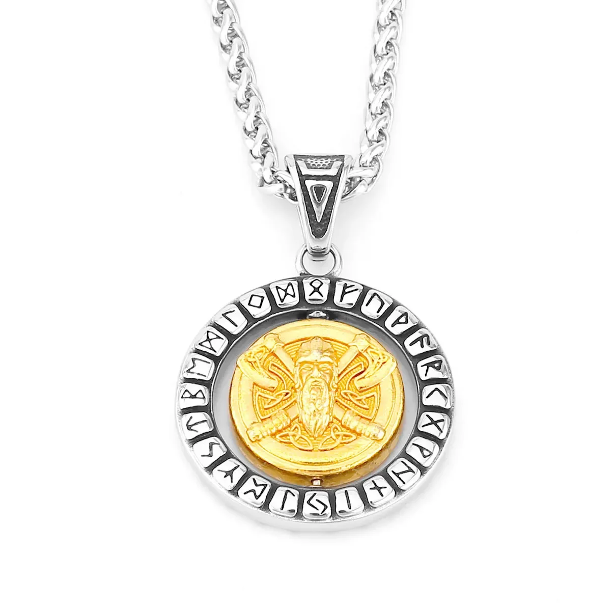 CHUANGCHENG Viking Vintage Double Axe Odin Helmet Gold Plated Fashion Men's Stainless Steel Rune Pendant Necklace
CHUANGCHENG Viking Vintage Double Axe Odin Helmet Gold Plated Fashion Men's Stainless Steel Rune Pendant Necklace