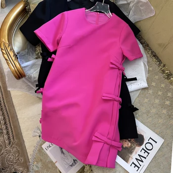 프렌치 스위트 사이드 보우 스위트 우아한 슬림 로즈 핑크 반팔 드레스, 2023 이른 봄 브랜드 런웨이 신상품