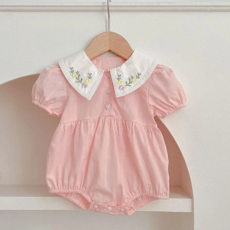 

Комбинезон для новорожденных девочек, с коротким рукавом и цветочной вышивкой, хлопковое боди, детская одежда, лето 2024