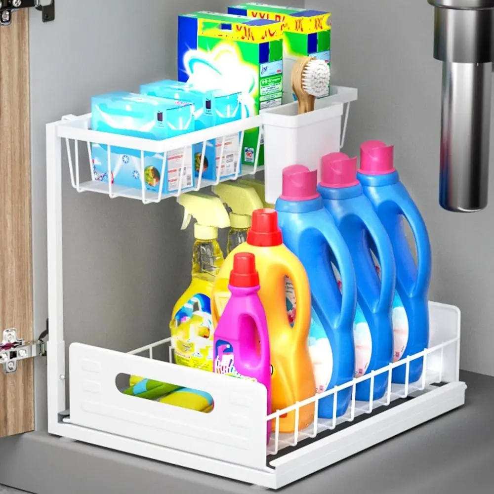 

Adjustable Under Sink Storage Shelf 2 Tier Multi-Purpose Sliding Drawers Shelves Durable Push-pull Pull Out Kitchen Organizer