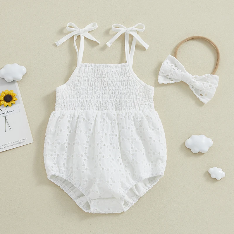 

Baby Girls Romper Bodysuit and Headband Lace Eyelet Tie-Up Straps Sleeveless Infant Jumpsuit Toddler Summer Clothes