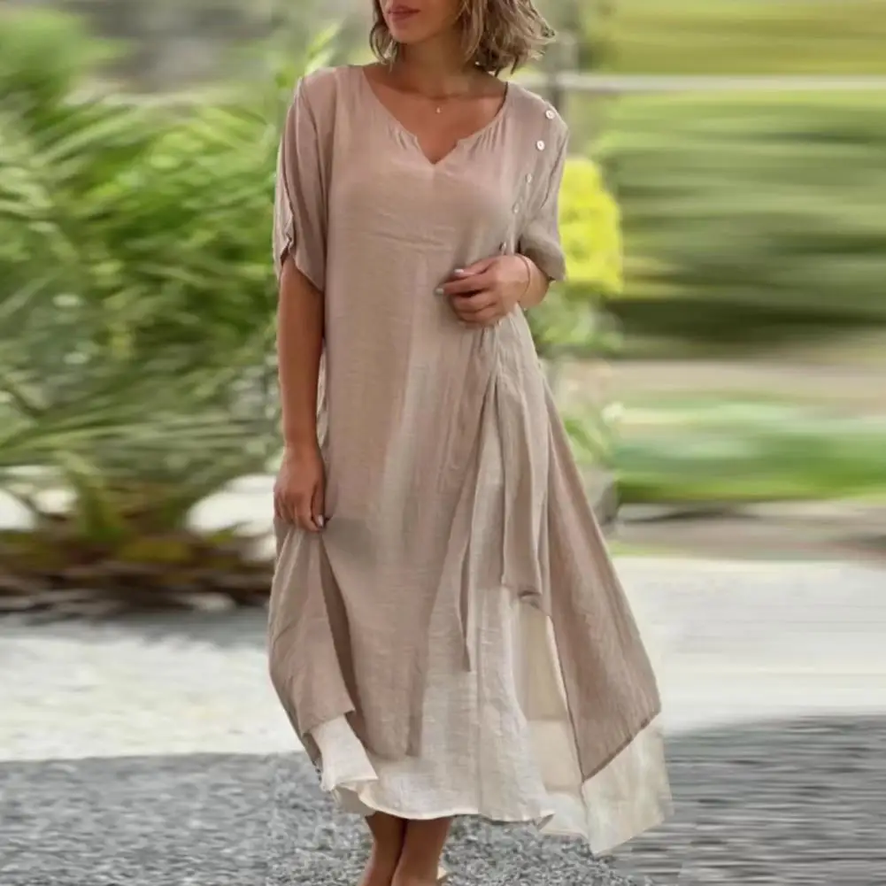 

Элегантное Длинное Платье с имитацией двух частей контрастных цветов с V-образным вырезом и пуговицами, декоративные Платья с коротким рукавом и асимметричным подолом, свободное женское платье миди
