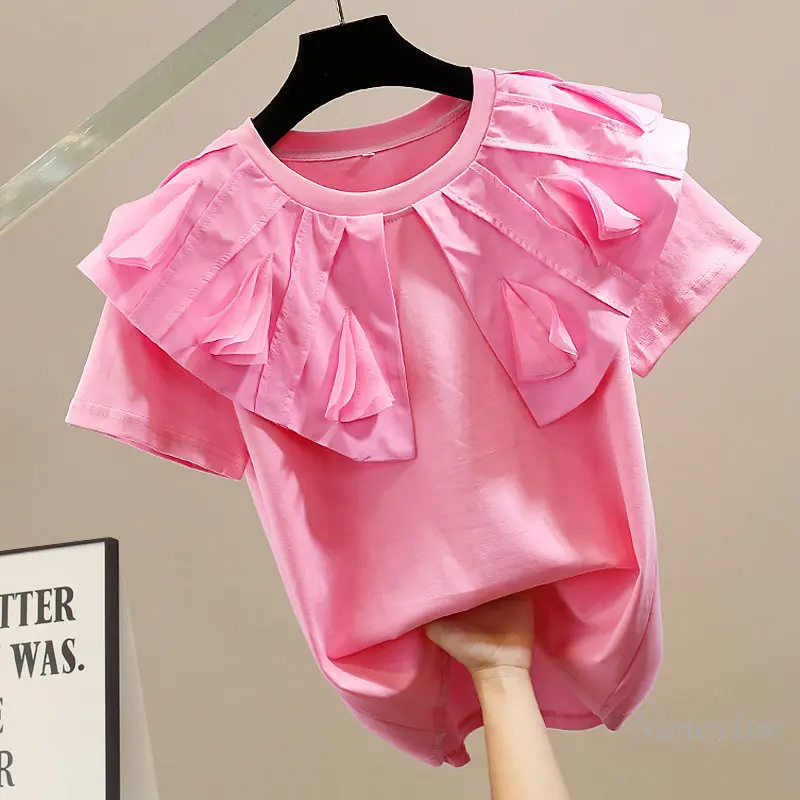 Three-Dimensional Ruffles Stitching Sweet Doll Collar Pullover Short-Sleeved T-shirt Fashion Women's Top All-Match Solid Color T
Three-Dimensional Ruffles Stitching Sweet Doll Collar Pullover Short-Sleeved T-shirt Fashion Women's Top All-Match Solid Color T