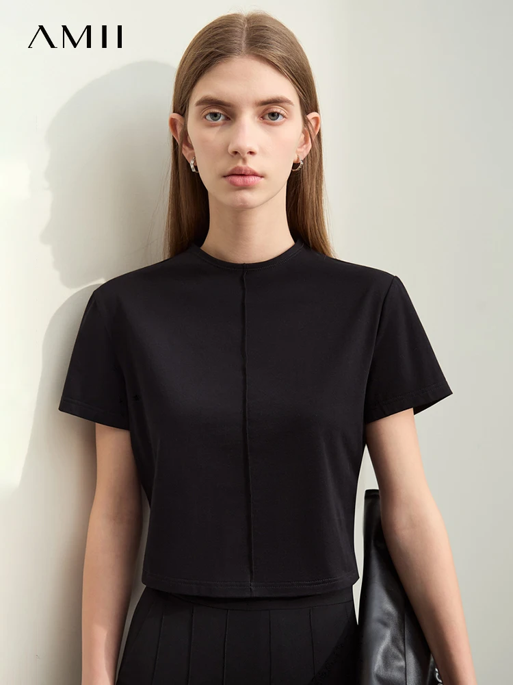 

Amii Minimalism 2024 T-shirts For Women Summer New Half-high Neck Short-sleeve Female Zipper Slim Stretch Short Tops 12442114