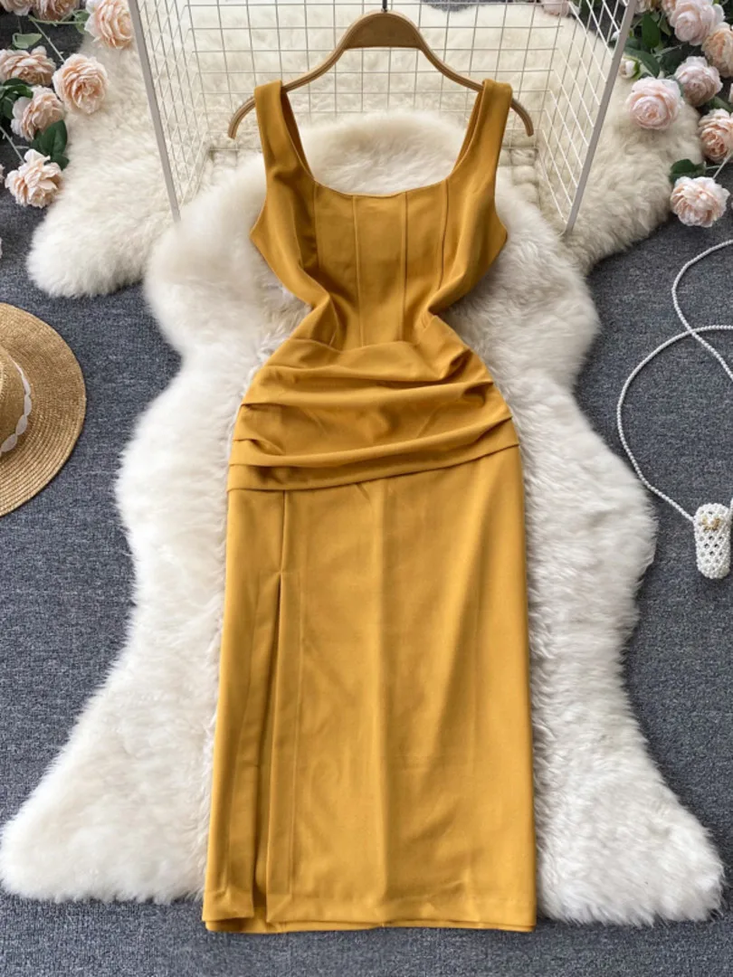 

Женское облегающее платье-чехол без рукавов, элегантное платье в стиле ретро во французском стиле с квадратным вырезом, разрезом сбоку и юбкой до колена, лето