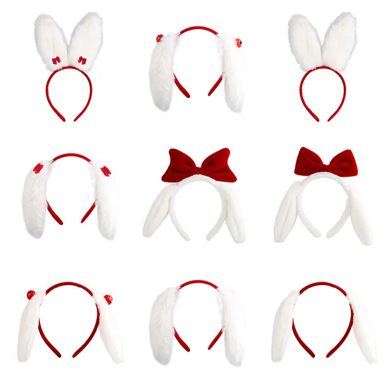 

Cute Plush Bunny Ears Hair Bands Red Bow White Rabbit Ears Easter Adult Headbands for Women Girls Cosplay Party Hair Accessories