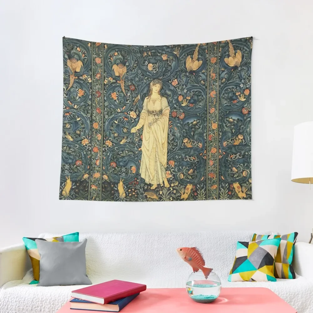 

LADY FLORA, GREENERY, FOREST ANIMALS ,BIRDS ,RABBITS Blue Green Floral Tapestry On The Wall Room Ornaments Wall Art Tapestry