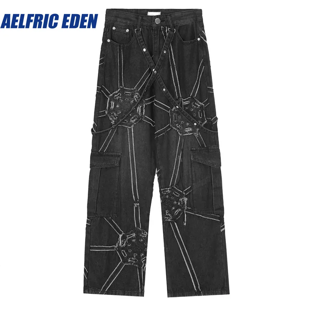 

Aelfric Eden Vintage Punk Denim Pants Fashion Embroidery Patch Ribbons Jeans Hip Hop Wide Leg Baggy Straight Cargo Pant Trousers