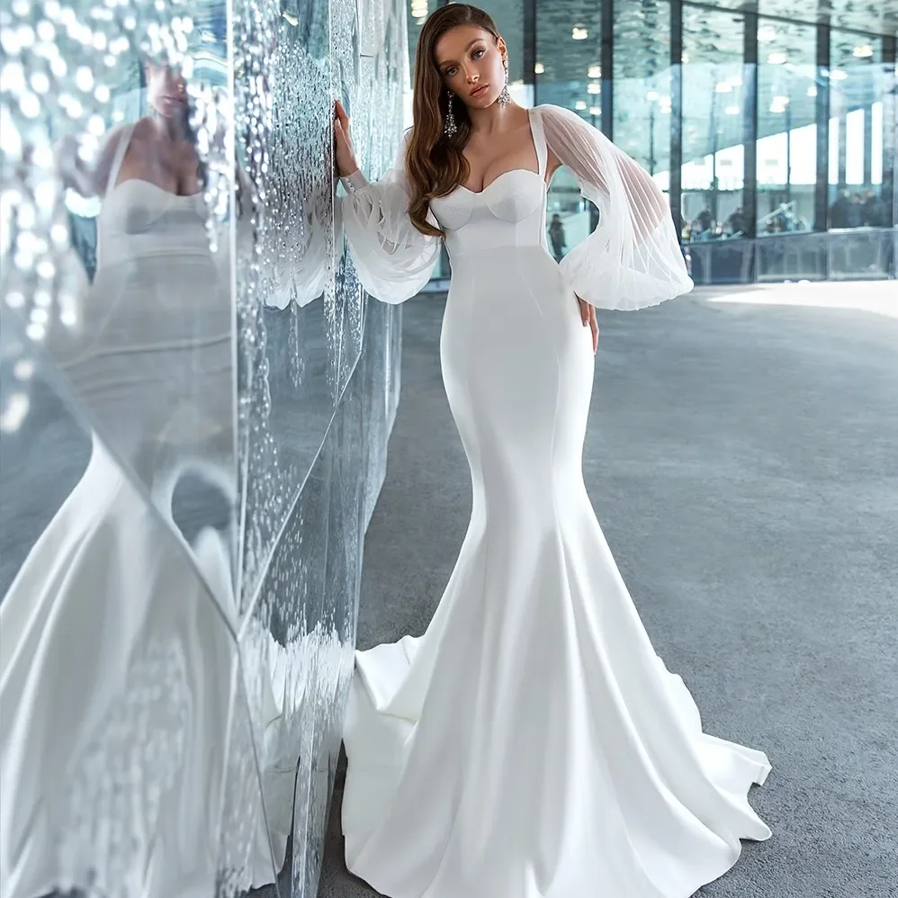 

Fashion Sexy Mermaid Wedding Dresses With Long Sleeves Strapless Neck Bridal Gowns Sweep Train Satin Trumpet robe de mariée