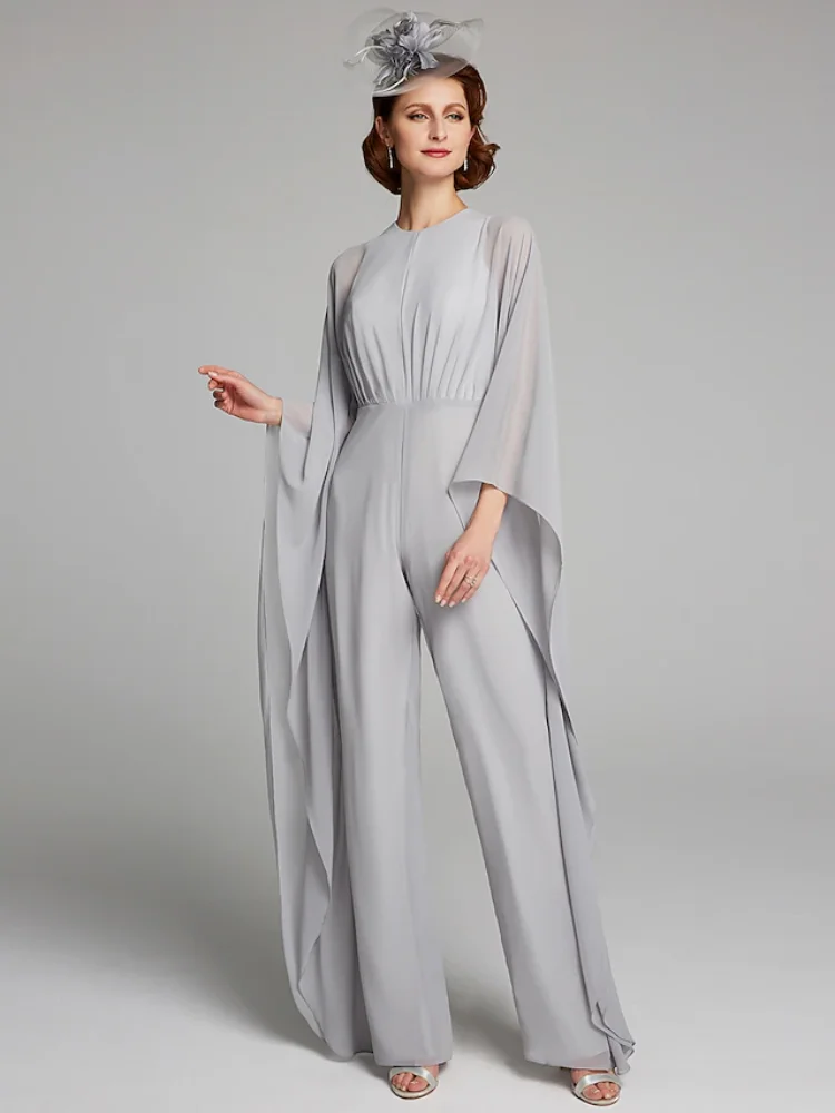 Jumpsuit Mother of the Bride Dress Jewel Neck Floor Length Chiffon Long Sleeve with Ruching Evening Gown 2023
Jumpsuit Mother of the Bride Dress Jewel Neck Floor Length Chiffon Long Sleeve with Ruching Evening Gown 2023