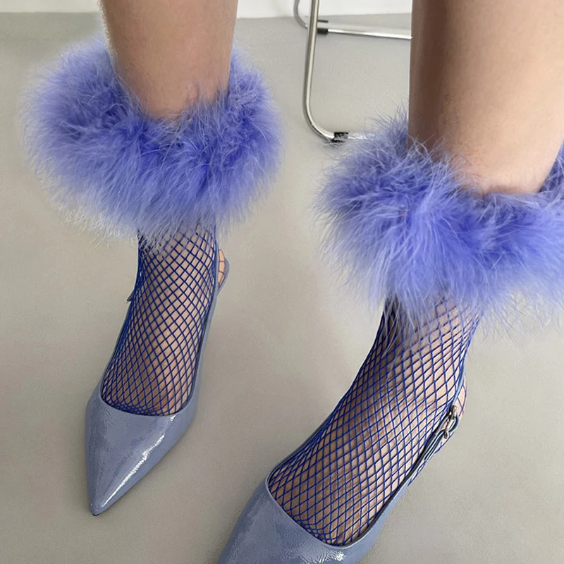 Женские ажурные сетчатые пикантные Лоскутные Чулочные изделия OMSJ с пушистыми перьями средней длины костюм для косплея разноцветные ажурные носки для девочек 
Женские ажурные сетчатые пикантные Лоскутные Чулочные изделия OMSJ с пушистыми перьями средней длины костюм для косплея разноцветные ажурные носки для девочек