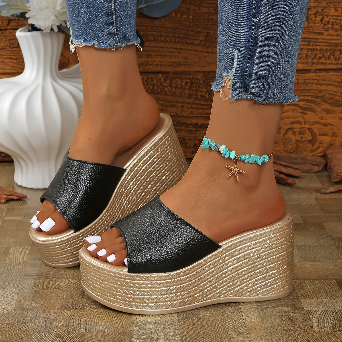 Aphixta Leather Summer Slides 9cm Wedge Heels Slippers Women Platform Mulers Sandals Clog Shoes Slides Big Size 43 28 Scc856e150bcf4380995a8151b4c265f9Q