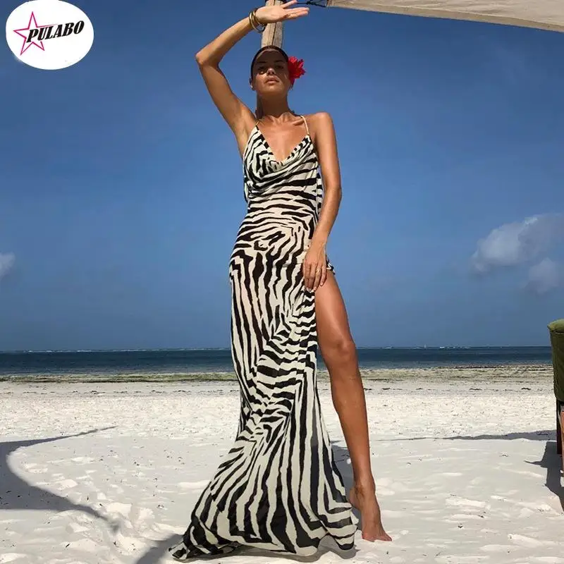 

PULABO Spaghetti Strap Zebra Summer Maxi Dresses For Women Sexy Backless Beach Dress Boho Striped Casual Long Dress With Slit