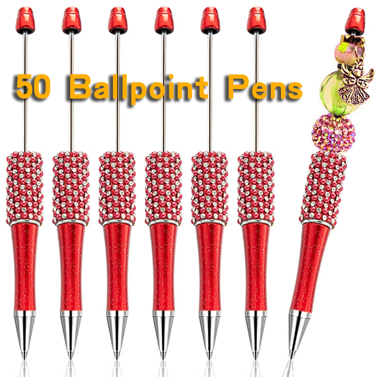 

50Pcs Red Diamond Bead Pen Wholesale Creative DIY Handmade Sticker Set Diamond Beaded Ballpoint Pens Advertising Gift Pen