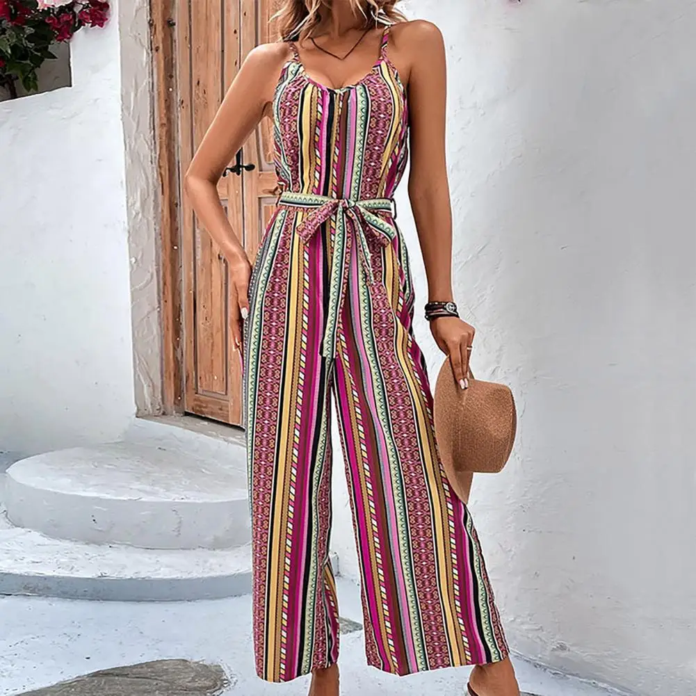 

Striped Summer Jumpsuit Colorful Striped V Neck Jumpsuit with Lace-up Belted Waist for Women Straight Wide Leg Vacation Ninth