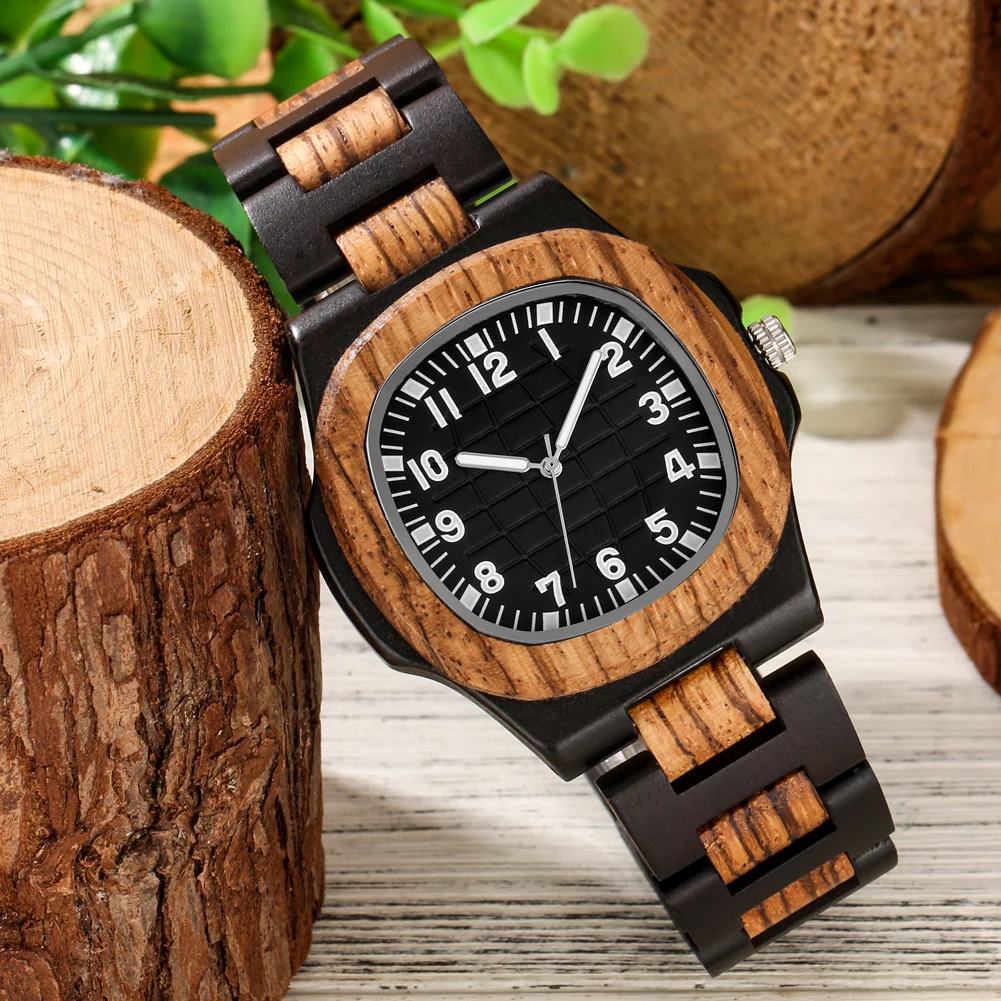 

Classic Arabic Numerals Grid Pattern Dial Quartz Wristwatch for Men Women Full Wooden Watch Band Folding Clasp Casual Male Watch