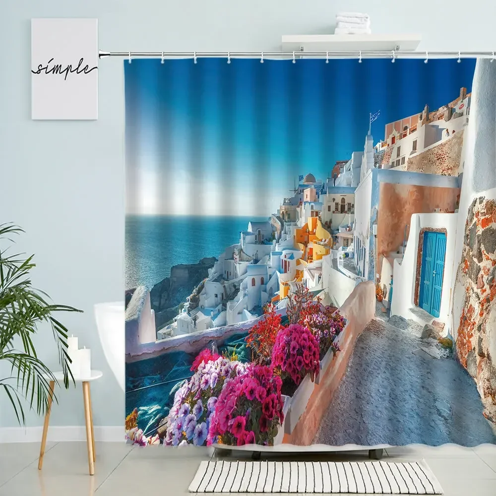 

Душевая занавеска с греческим пейзажем, водонепроницаемый шторка из полиэстера для ванной комнаты с крючком, с изображением океана, деревни, цветов, растений