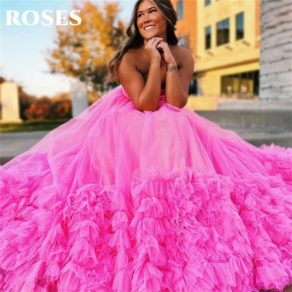 

ROSES Hot Pink Prom Dresses Princess Net A Line Evening Dress Tiered Layer Party Dress Sweetheart Sleeveless فساتين مناسبة رسمية