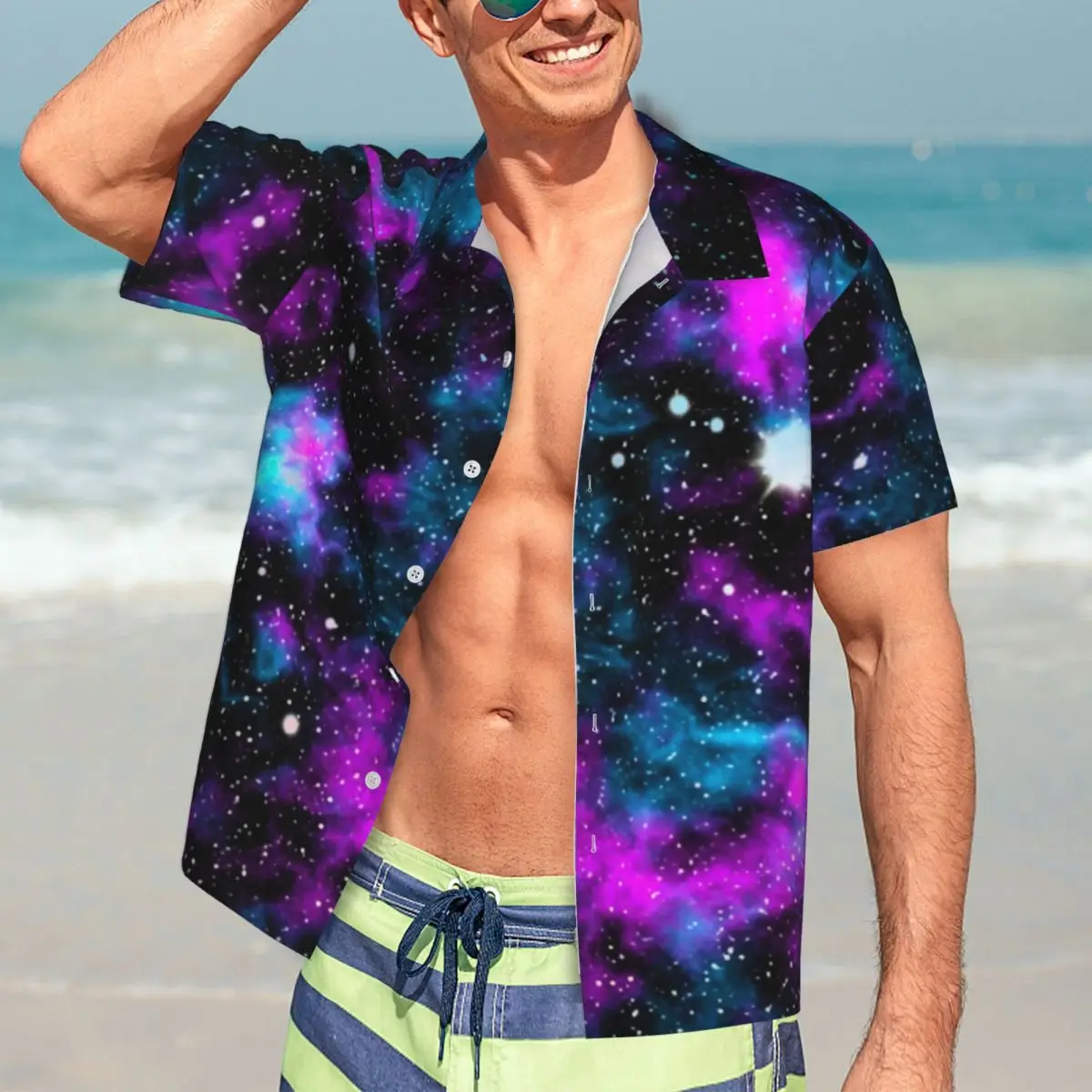 

Сине-Фиолетовая рубашка для отпуска с галактикой, мужские повседневные рубашки с космическим неоновым принтом, Гавайские оригинальные крутые блузки большого размера с короткими рукавами