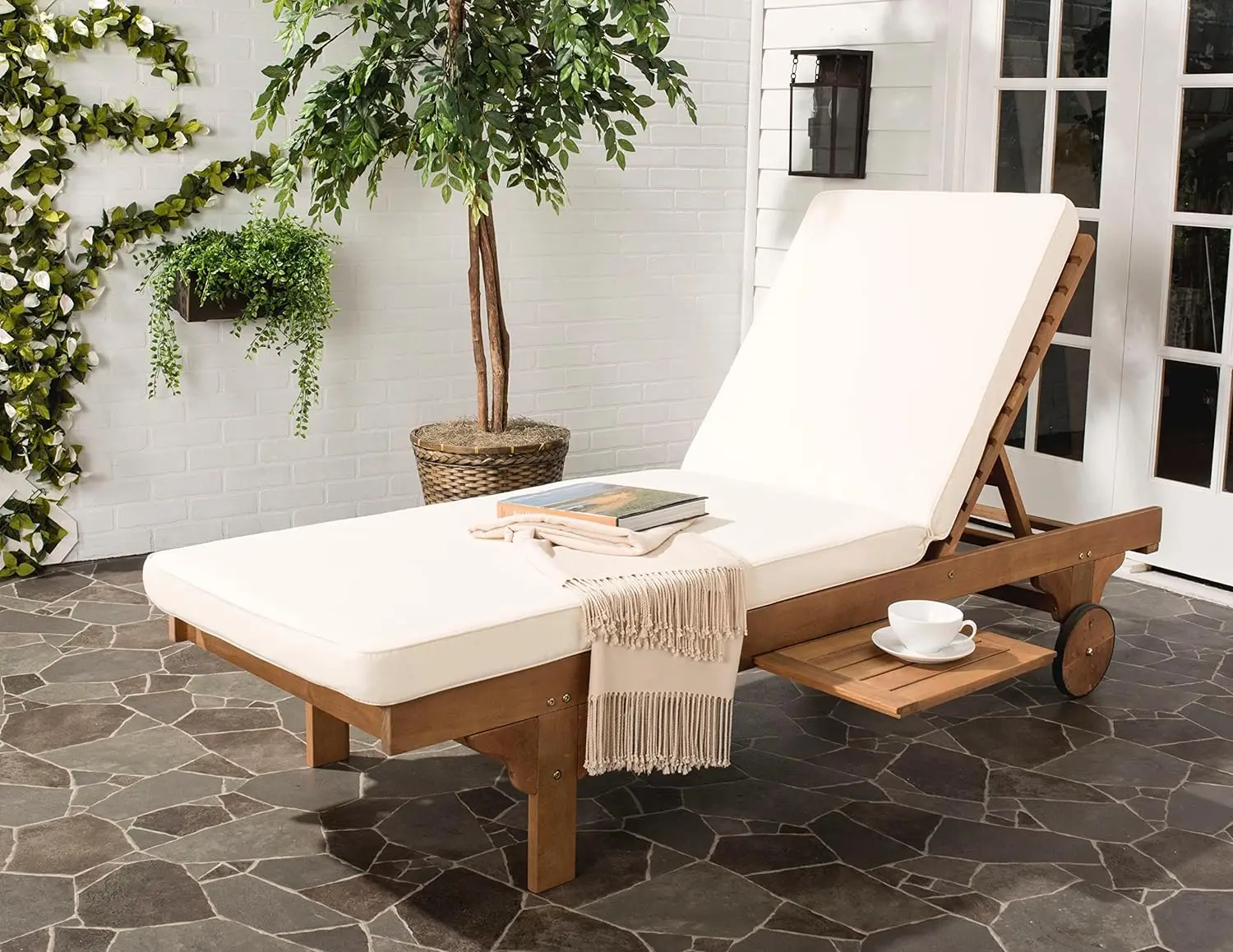 

Outdoor Collection Newport Natural/ Beige Cushion Built-in Side Table Adjustable Chaise Lounge Chair