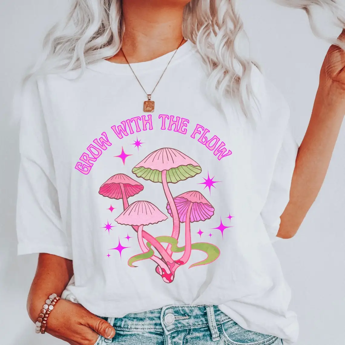 

colored Grow with the Flow tshirt retro women graphic mushrooms tee shirt