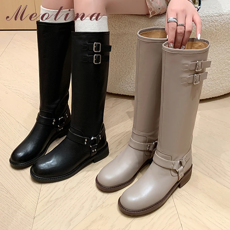 

Meotina Women Genuine Leather Knee High Boots Round Toe Flats Buckle Long Boot Concise Ladies Fashion Shoes Winter Black Gray 42