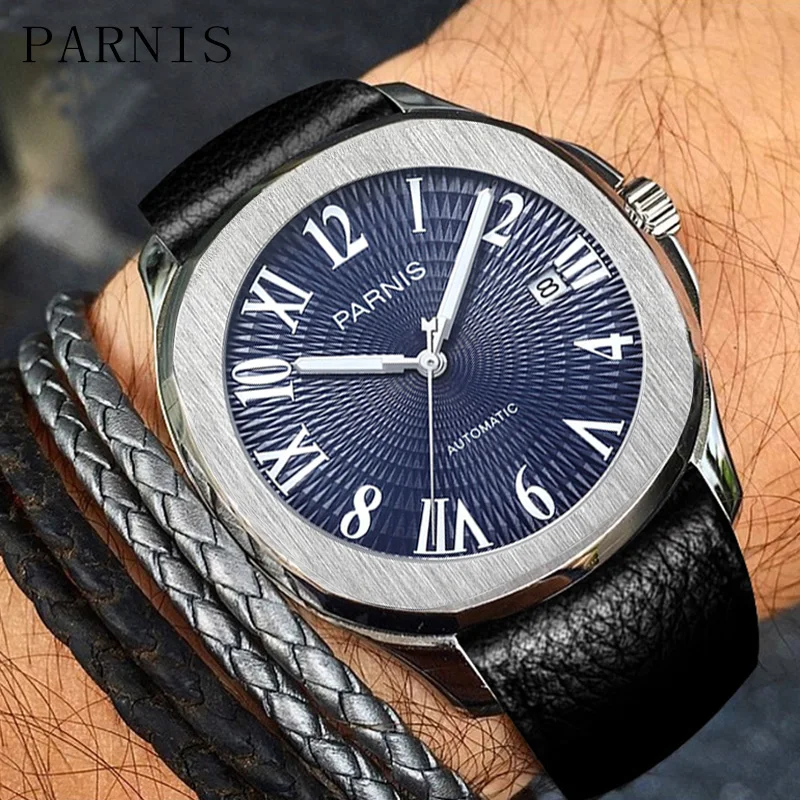 

Fashion Parnis 40mm Blue Dial Automatic Men's Watch Leather Strap Sapphire Crystal Mechanical Luxury Watches montre luxe homme