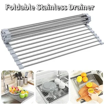 Foldable Stainless Steel Dish Drainer Roll Up Dish Drying Rack Shelf Kitchen Sink Holder Drainage Plate Bowl Fruit Plate Storage