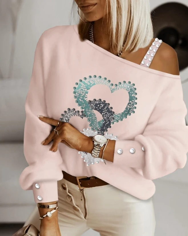 

Spring Autumn Blouse for Women 20023 Long Sleeve T-Shirt Heart Pattern Beaded Asymmetrical Neck Cold Shoulder Top Loose Pullover