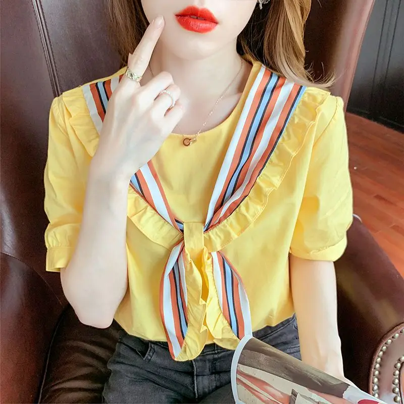 Fashion O-Neck Spliced Lace Up Ruffles Fake Two Pieces Blouse Women's Clothing 2024 Summer New Casual Pullovers Korean Shirt
Fashion O-Neck Spliced Lace Up Ruffles Fake Two Pieces Blouse Women's Clothing 2024 Summer New Casual Pullovers Korean Shirt