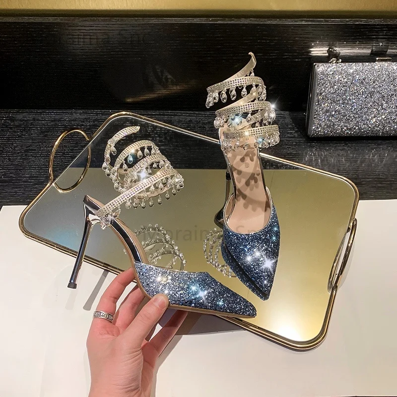 Gradient Sequins High Heels Sandals Women Summer Wedding Shoes Black Blue Bling Bling Sexy Snake -Shaped Winding Crystal Shoes
Gradient Sequins High Heels Sandals Women Summer Wedding Shoes Black Blue Bling Bling Sexy Snake -Shaped Winding Crystal Shoes
