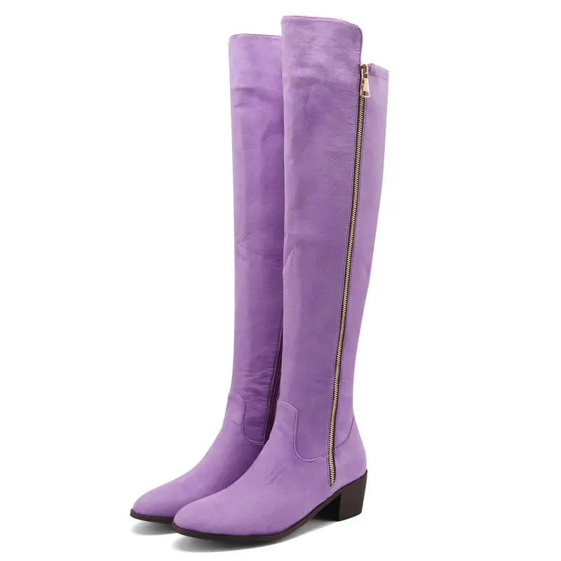 

Flock Faux Suede Leather Green Purple Chunky High Heels Botines Mujer Women Winter Shoes Zipper Design Over-the-knee Long Boots