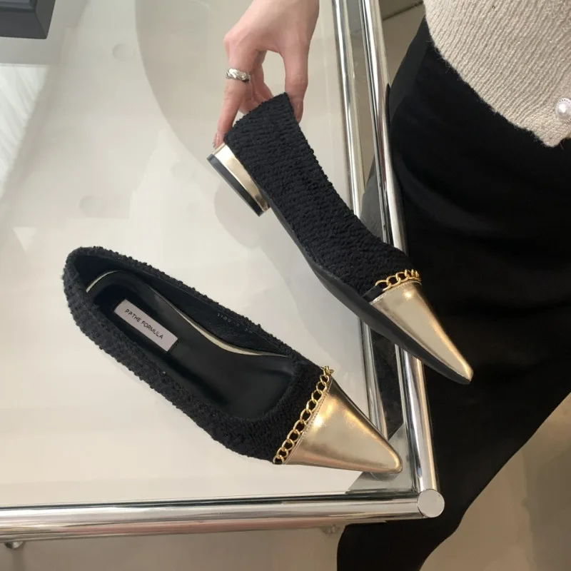 Fashion Metal Chain Decoration Low-heeled Shoes Women Elegant Pointed Toe Shallow Brand Designer Shoes Comfort Zapatos De Mujer 37 Scca8409a78074e6e8383ccda68d811b3y