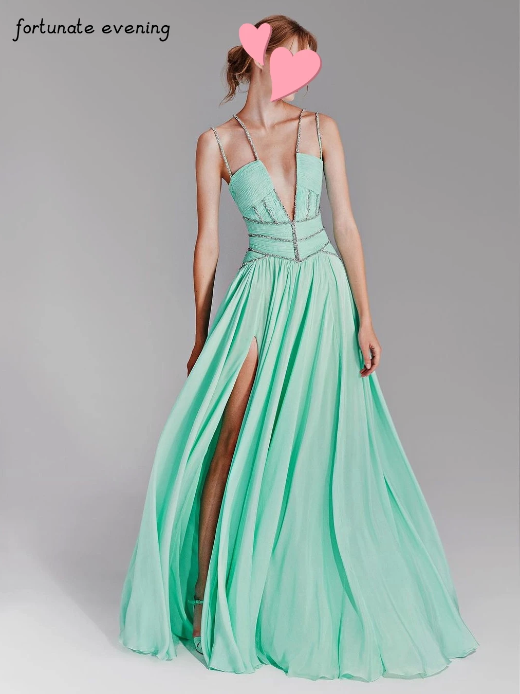

Fortunate Evening Elegant Vintage Sexy Sweet Green Beading Ruffle V-Neck Formal Occasion Prom Dress Evening Party Gowns