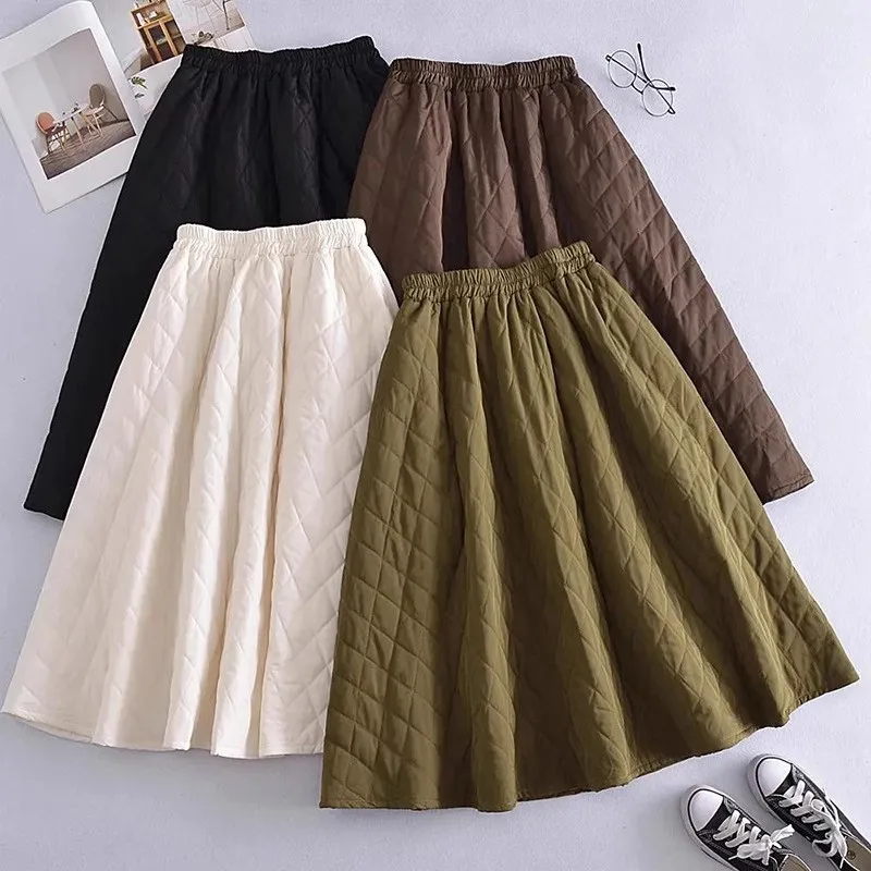 

Autumn Winter Cotton Padded Warm Long Flared Skirts with Pockets Thick Warm Plaid Sewing A-line Calf Long Skirts