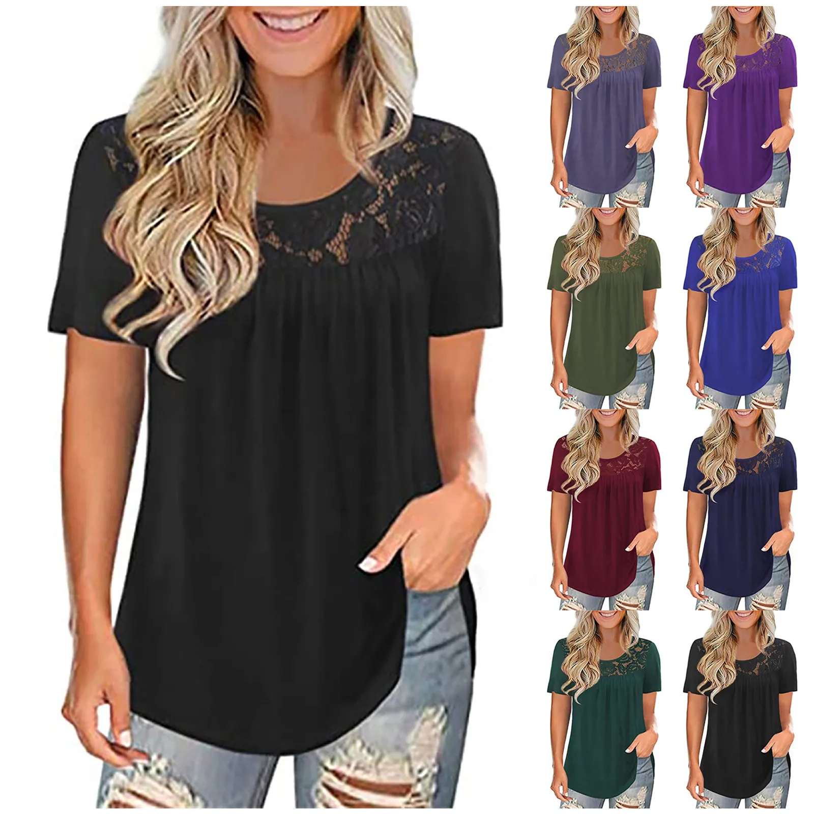 Plus Size Women Solid Floral Lace Shirts Short Sleeve Blouse Crew Collar Pleated Lace Patchwork Summer T Shirt Футболка Оверсайз
Plus Size Women Solid Floral Lace Shirts Short Sleeve Blouse Crew Collar Pleated Lace Patchwork Summer T Shirt Футболка Оверсайз