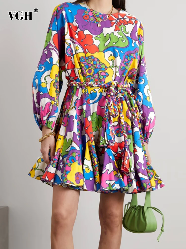 VGH Hit Color Printing Casual Mini Dresses For Women Round Neck Lantern Sleeve High Waist Spliced Lace Up Elegant Dress Female
VGH Hit Color Printing Casual Mini Dresses For Women Round Neck Lantern Sleeve High Waist Spliced Lace Up Elegant Dress Female