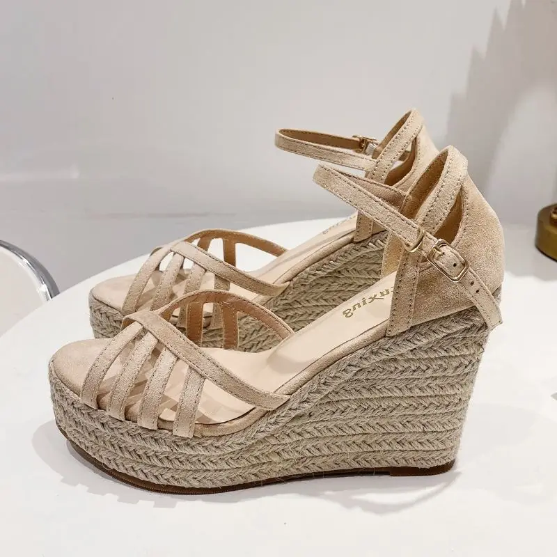 

HCHao Summer Wedges Sandals For Women's Platform Thick Soled Roman Fish Mouth Shoes Hemp Rope High Heels For Female Black Sandal