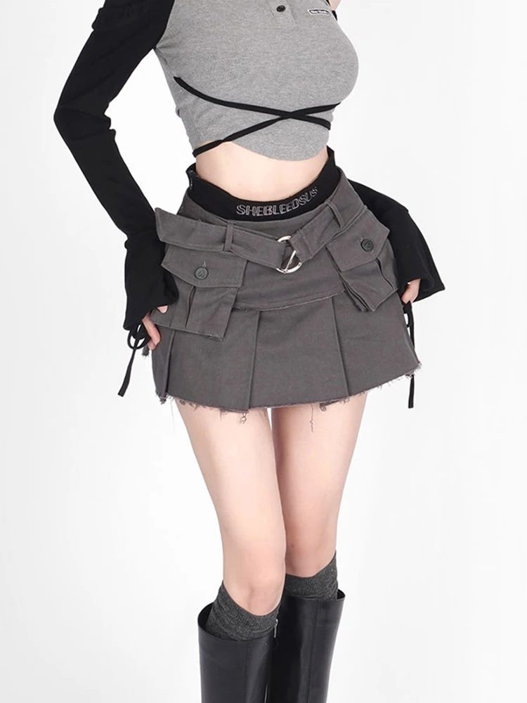 

Джинсовая юбка-карго Zoki Y2K в стиле Харадзюку, Женская пикантная мини-юбка с высокой талией и поясом, уличная одежда, облегающая Универсальная Женская винтажная серая юбка