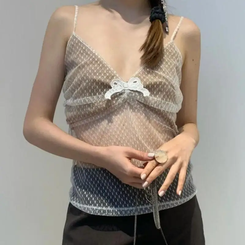

High Street See Through Mesh Lace Camisole Top Sling Y2K Bow Tie Decoration Slim Sexy Hundred Woman Vest Clothing 2024 Summer