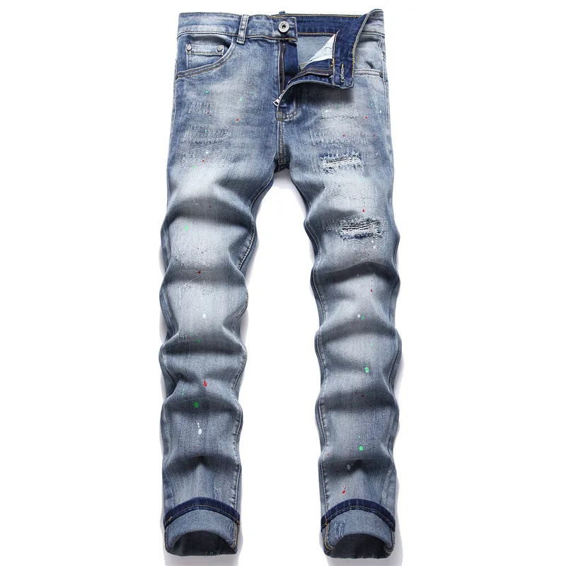 

Fashion Embroidery Leather Label Hole Distressed Jeans Men's Slim Cotton Jean Trousers Autumn Male Straight Stretch Denim Pants