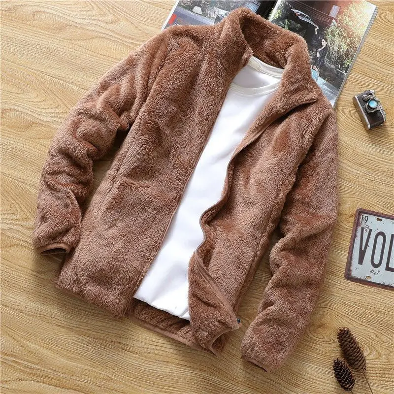 

Stand Collar Fleece Japan Leisure Style Solid Colour Keep Warm Thicken Coats Men Double Faced Velvet Zipper Jackets Slim Mature