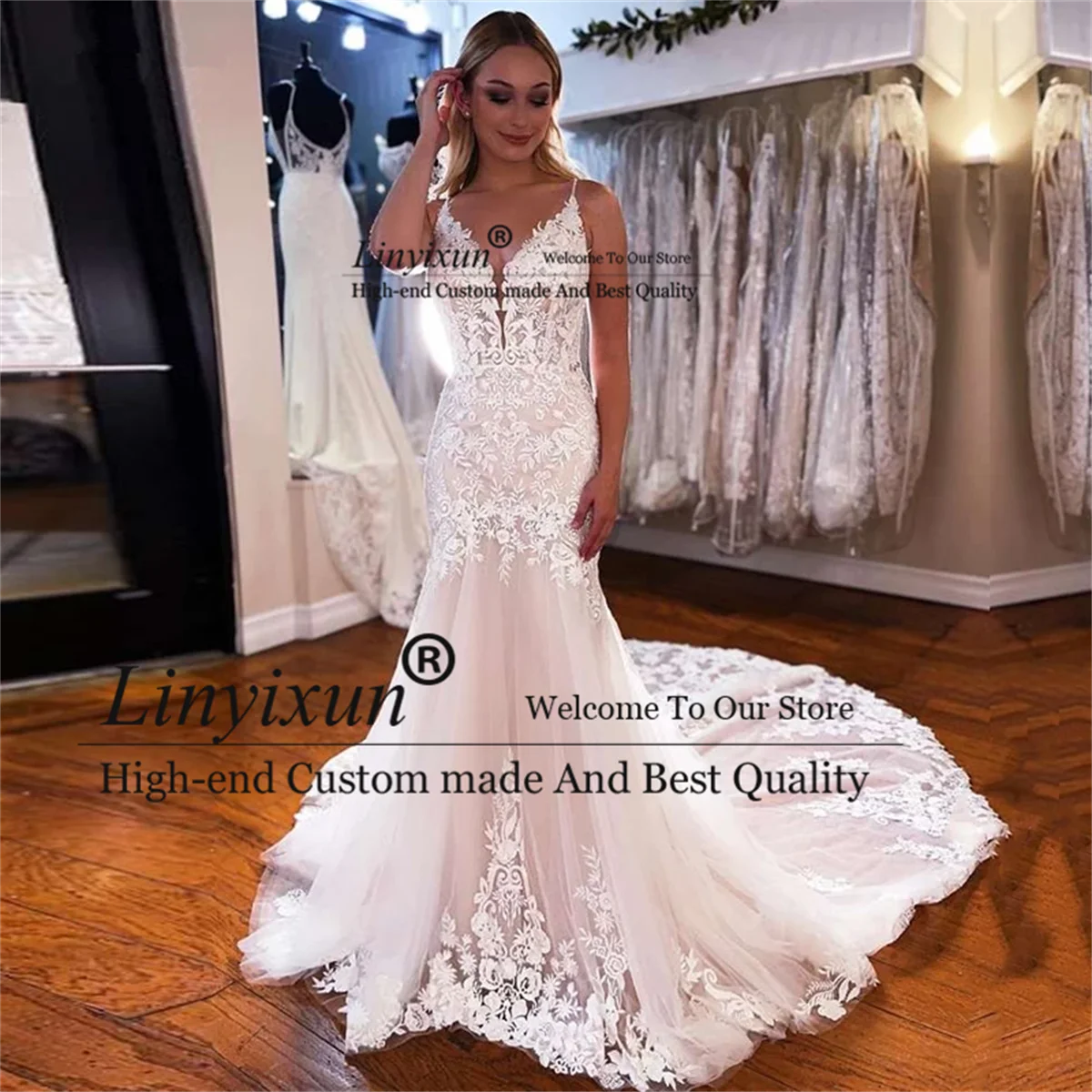 

Luxury Vestidos De Noiva 2022 V-Neck Mermaid Wedding Dress Lace Appliques Bridal Gowns Elegant Women Sweep Train Robe de mariee