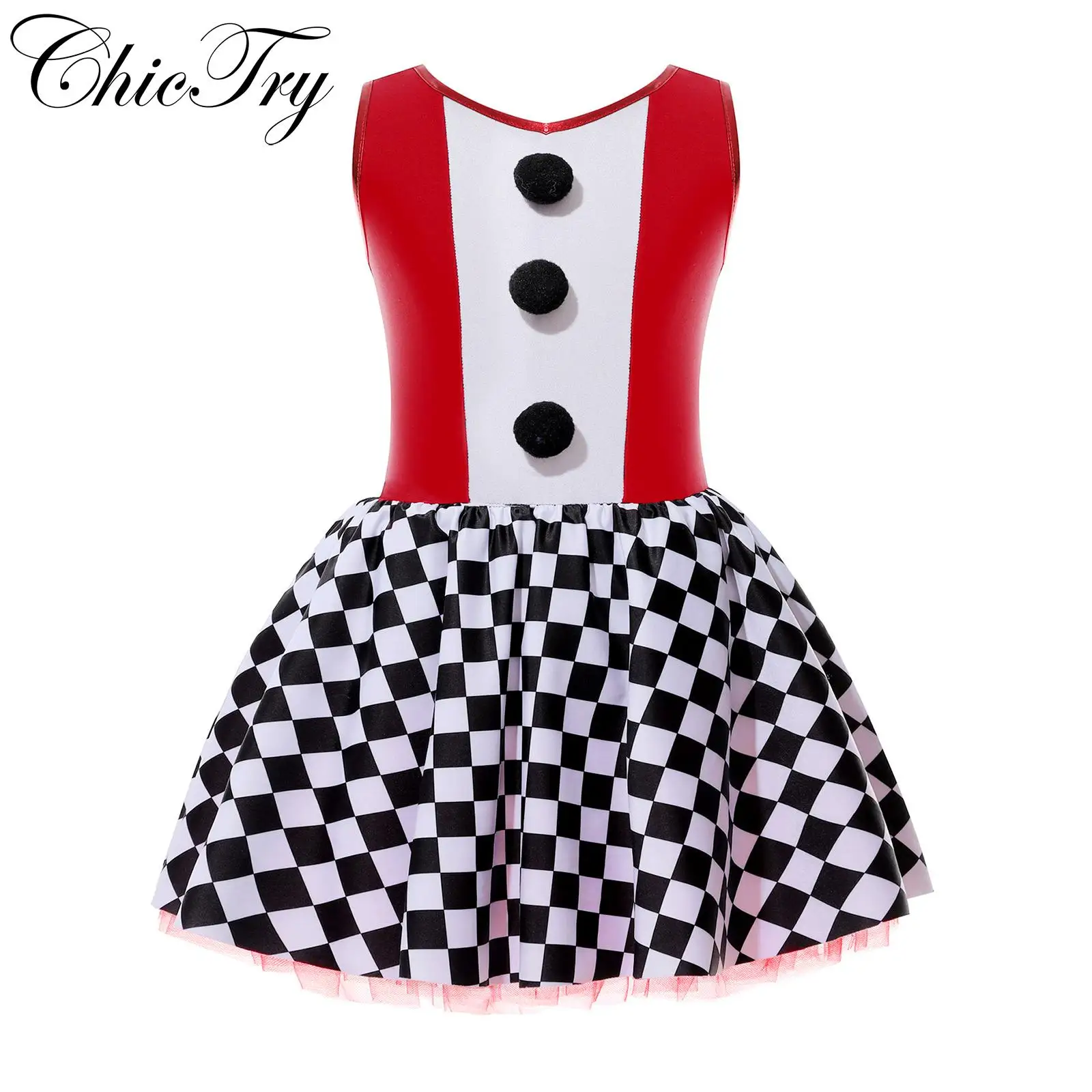 

Kids Girls Clown Costume Checkerboard Print Ballet Tutu Dress for Halloween Cosplay Roleplay Children's Performance Dancewear