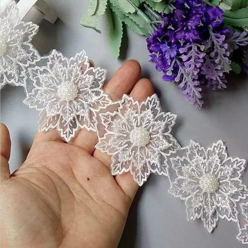 

1 yard White Pearl Beaded Embroidered Flower Lace Trim Floral Applique Patches Fabric Sewing Craft Vintage Wedding Dress F6